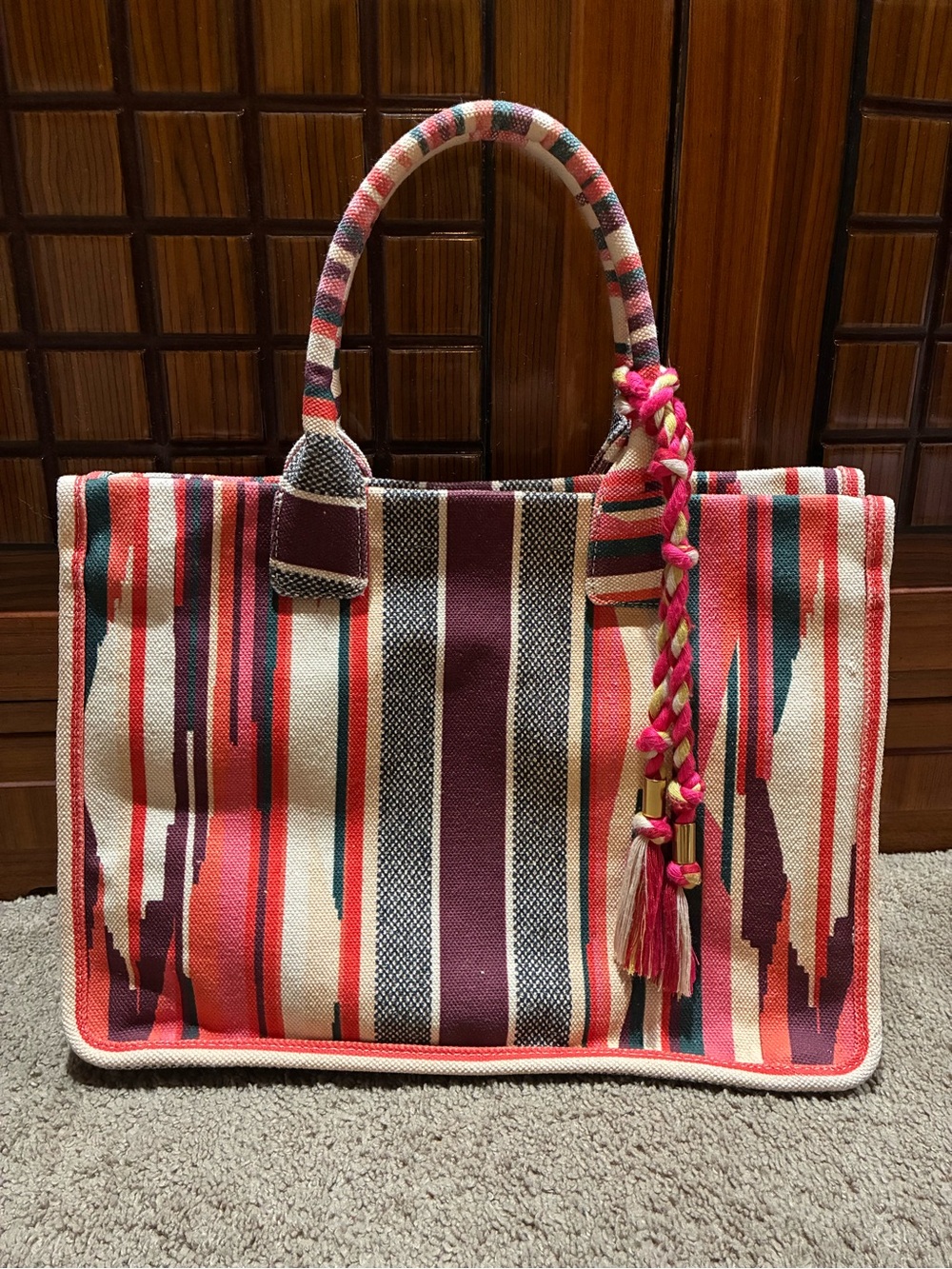 Vince Camuto Orla Cotton Canvas Stripe Large Tassel Tote Bag Pink Multi